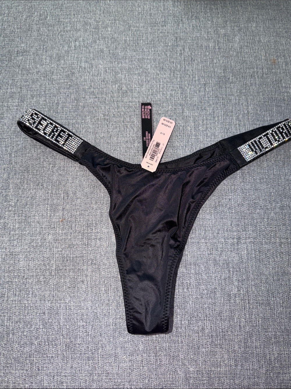 NWT Victoria's Secret Black Rhinestone Logo Thong Bottoms-S